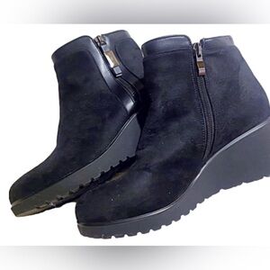 Women's Black Suede Wedge Ankle Boots with Side Zip